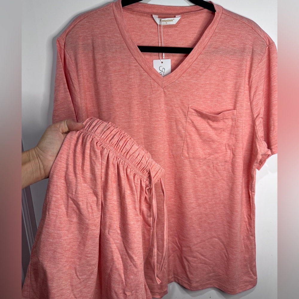 Coral V-Neck T-Shirt and Shorts Set